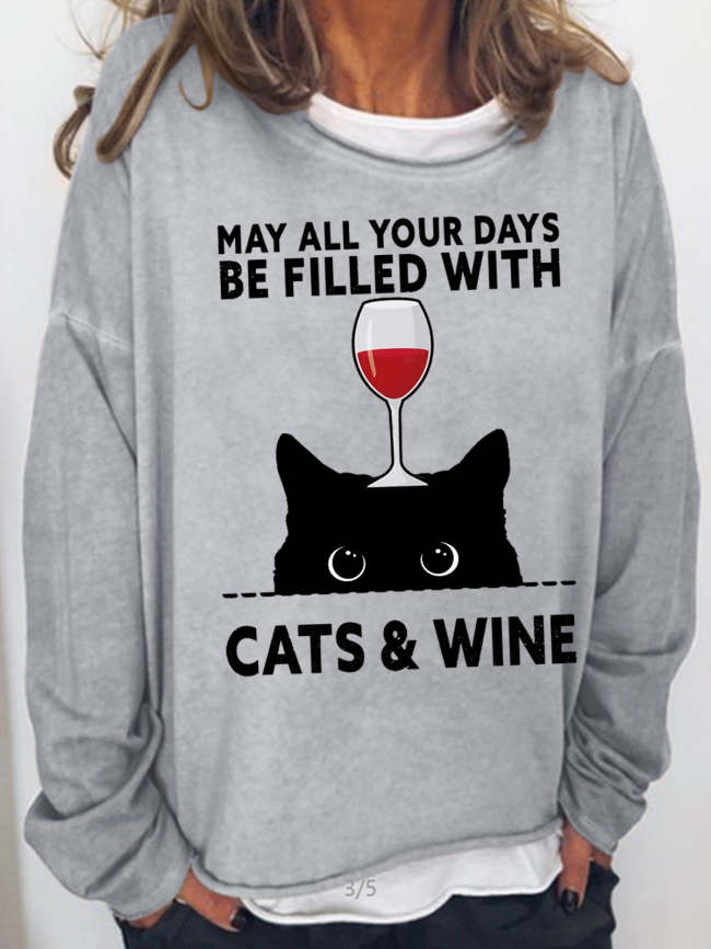 womens May All Your Days Be Filled Cats & Wine Casual Crew Neck Sweatshirts