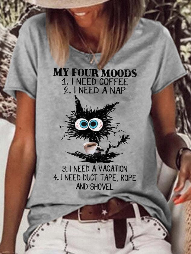 Women Funny Four Moods Black Cat Crew Neck Casual T-Shirt