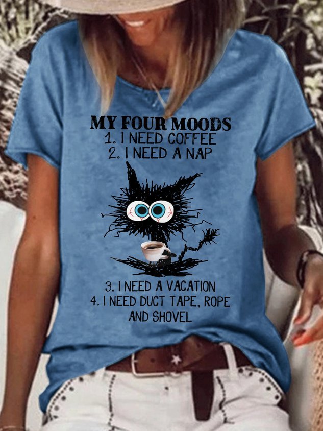 Women Funny Four Moods Black Cat Crew Neck Casual T-Shirt