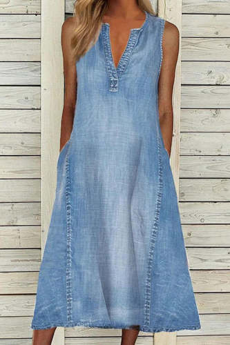 Solid Color Sleeveless V-Neck Casual Denim Midi Dress