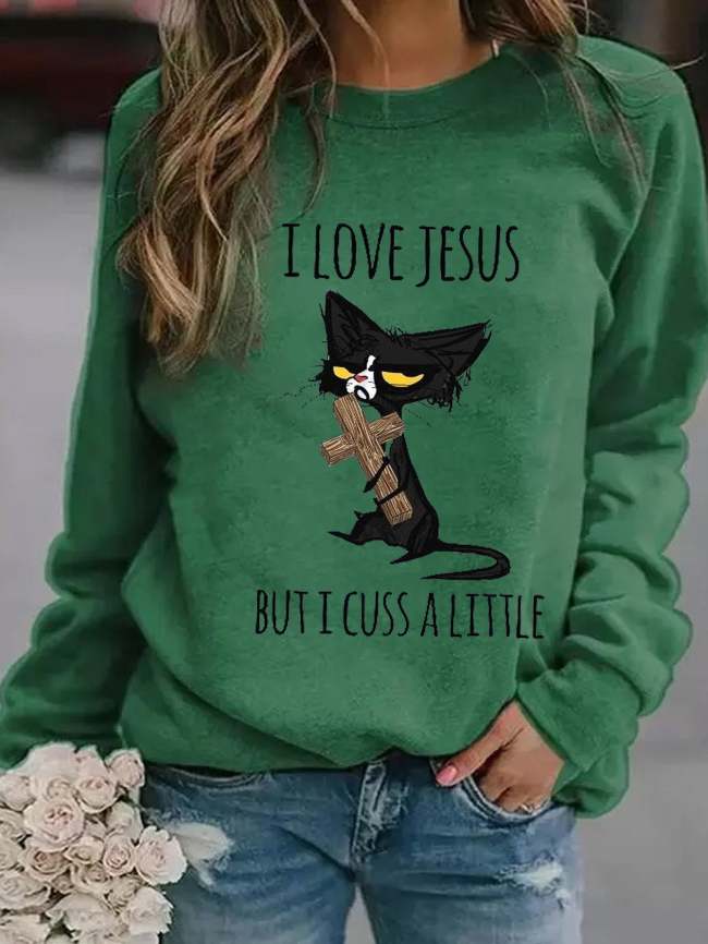 Women Funny Graphic Cat I Love Jesus But I Cuss A Little Crew Neck Sweatshirts