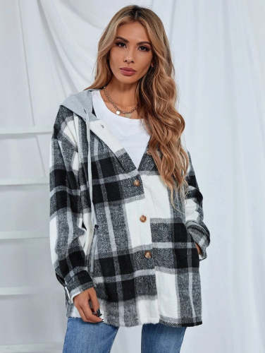Hooded Drawstring Button Down Plaid Shirt Outfit Jacket Top