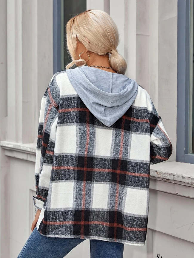 Hooded Drawstring Button Down Plaid Shirt Outfit Jacket Top