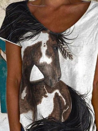 Women's T-Shirts Animal Print V-Neck Short Sleeve Casual T-Shirt