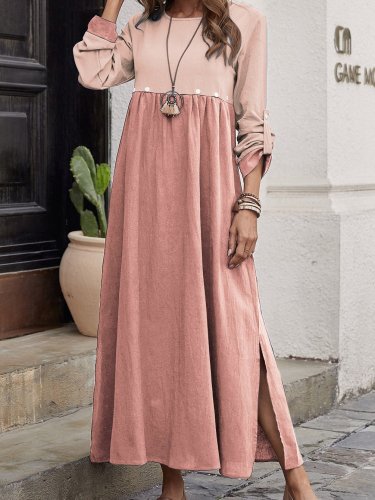 Women's Plus Size Loose Dresses Casual Crew Neck Long Sleeve Slit Maxi Dress