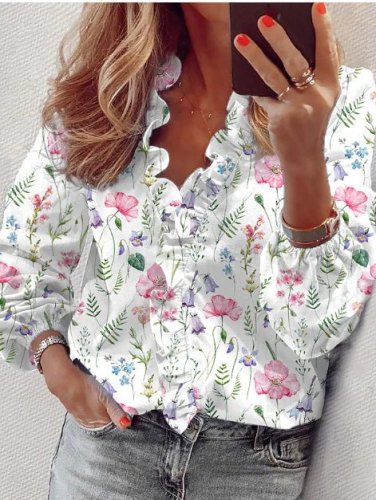 Women's Elegant Blouses Floral Print Ruffle Long Sleeve Blouse