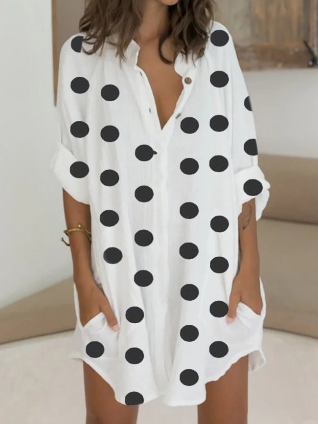 Women's Mini Loose Dresses Polka Dot Print Shirt Collar Pocket Dress