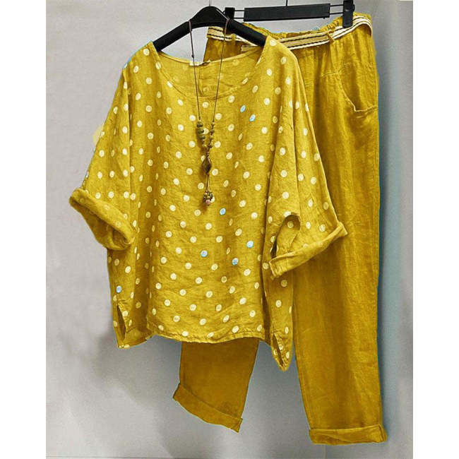 Women Cotton Linen Shirt & Pants Relaxed Fit S-5XL Loose Solid Color Pants & Dot Short Shirt Cotton Linen Two-piece Matching Set