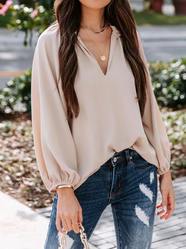 Women's Blouses Casual Solid V-Neck Long Sleeve Blouse