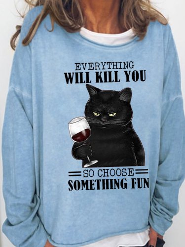 Womens  Funny Cat Drinking Wine Art Casual Sweatshirts