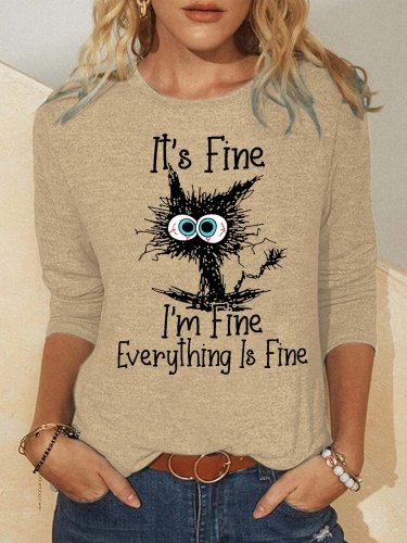 Womens I Am Fine Everything is Fine Funny Cat Print Crew Neck Tops