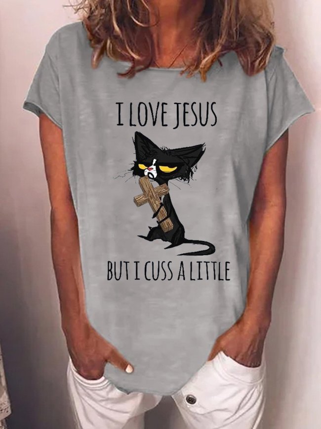 Women Funny Graphic Cat I Love Jesus But I Cuss A Little Crew Neck T-Shirt