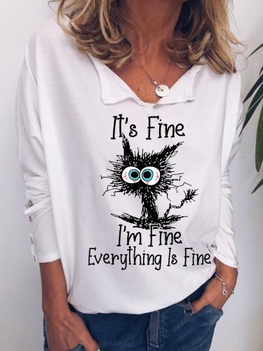 Womens I Am Fine Everything is Fine Funny Cat Print Casual Sweatshirts