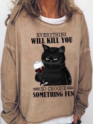 Womens  Funny Cat Drinking Wine Art Casual Sweatshirts