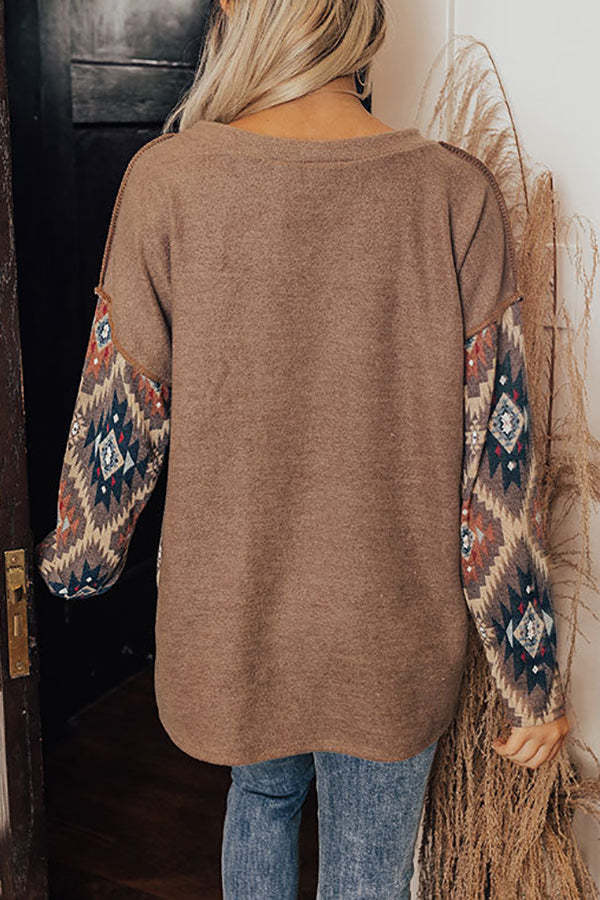Aztec Patchwork Henley Pullover Western Style Long Sleeve Shirts