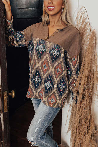 Aztec Patchwork Henley Pullover Western Style Long Sleeve Shirts