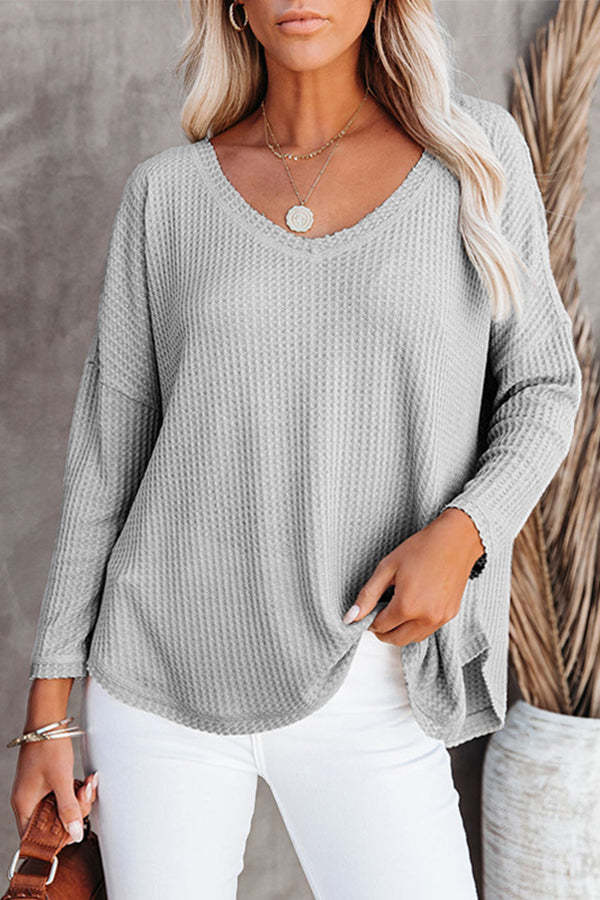 Solid Color Casual V-Neck Long Sleeve Knit Top Blouse