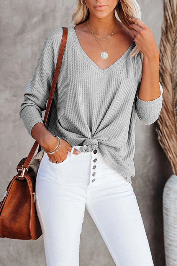 Solid Color Casual V-Neck Long Sleeve Knit Top Blouse