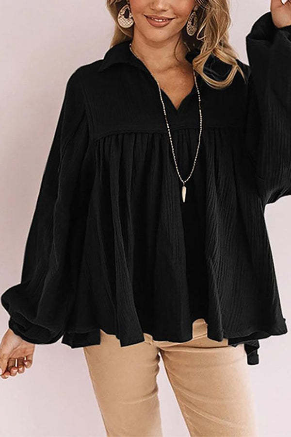 Loose Collared Babydoll Top Long Sleeve Blouse