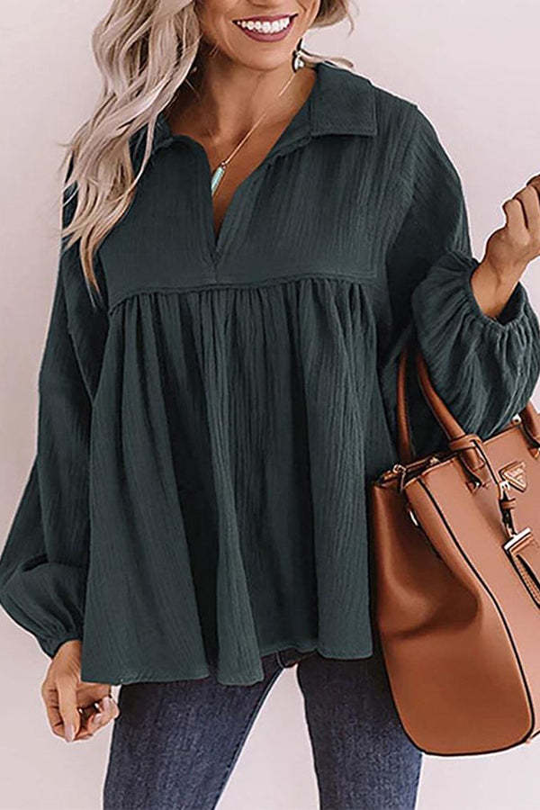 Loose Collared Babydoll Top Long Sleeve Blouse
