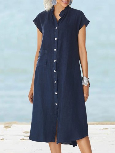Women's Dresses Stand Collar Single Breasted Pocket Shirt Dress