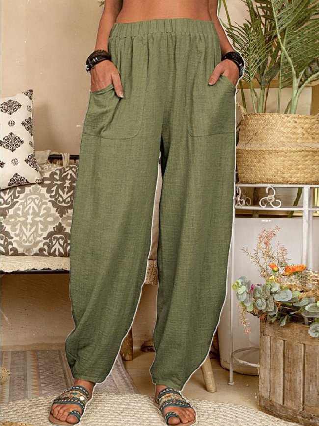 Women's Pants Loose Solid Elastic Waist Pocket Harem Pants