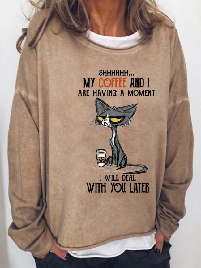 Women Cat Coffee Letters Loose Cat Sweatshirts