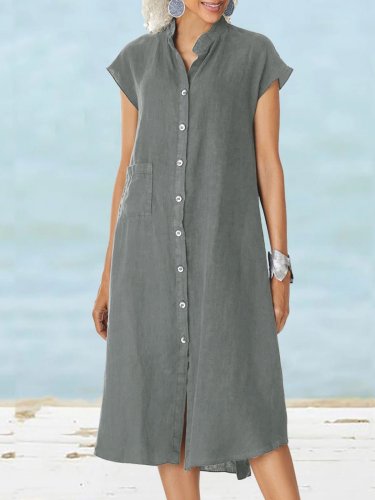 Women's Dresses Stand Collar Single Breasted Pocket Shirt Dress