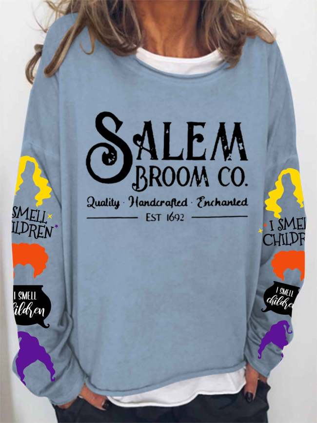 Women Halloween Hocus Pocus Sanderson Salem Broom Co Long Sleeve Top