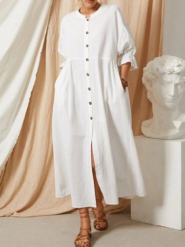 Women's Dresses Simple Single Breasted Mid Sleeve Pocket Dress