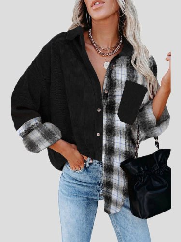 Women's Blouses Plaid Panel Pocket Long Sleeve Blouse