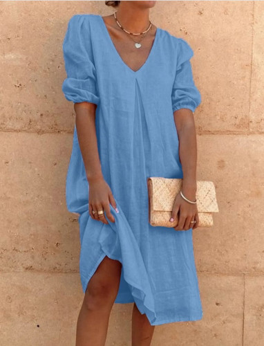 Women's Linen Dress V Neck Mid Sleeve Casual High Waist Solid Color Maxi Dress