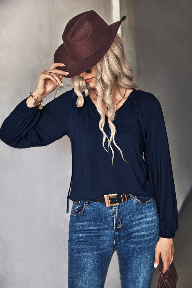 Women's Casual Blouse Solid Color V Neck Loose Blouse Top