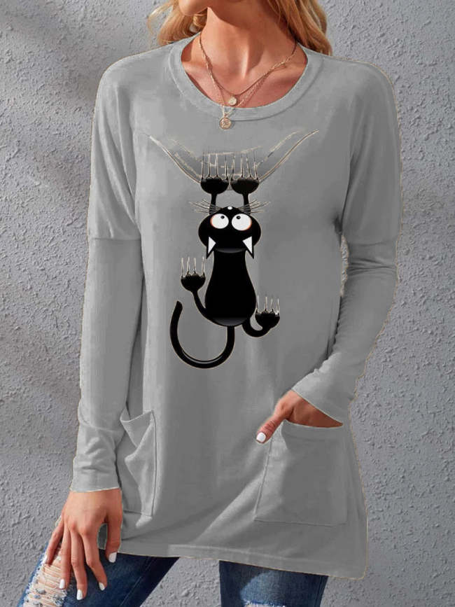 Women's T-Shirts Cat Print Crew Neck Pocket Long Sleeve T-Shirts