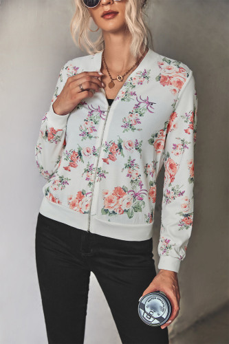 Women's Short Zipper Jacket Floral Printed Rib Collar Zip Long Sleeve Jacket