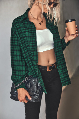 Women's Check Shirt Loose Puff Sleeve Plaid Shirt Blouse