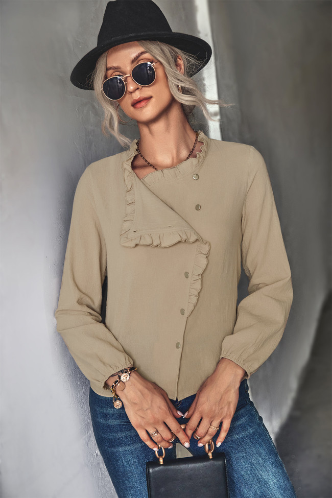 Women's Blouse Solid Color Single Breasted Ruffled Design Casual Shirt