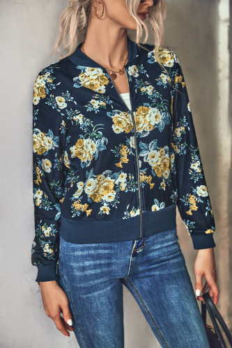 Women's Short Zipper Jacket Floral Printed Rib Collar Zip Long Sleeve Jacket