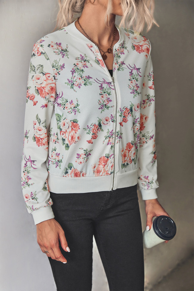 Women's Short Zipper Jacket Floral Printed Rib Collar Zip Long Sleeve Jacket