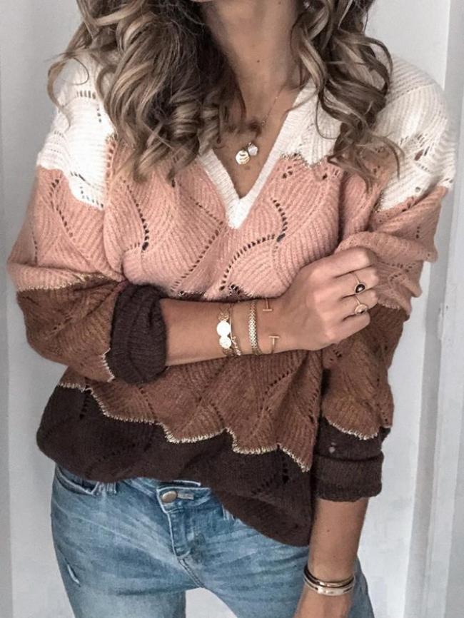 Women's Sweaters Multicolor Stitching V-Neck Hollow Sweater