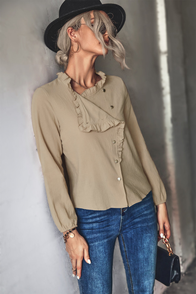 Women's Blouse Solid Color Single Breasted Ruffled Design Casual Shirt
