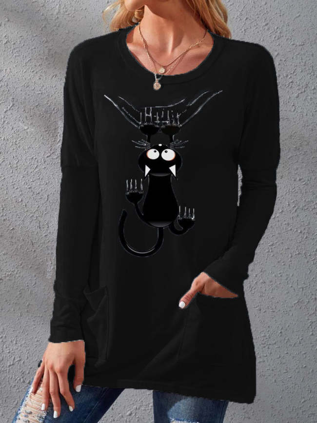 Women's T-Shirts Cat Print Crew Neck Pocket Long Sleeve T-Shirts