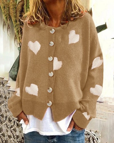 Women's Sweater Love Heart Pattern Single Breasted Knit Cardigan Sweater