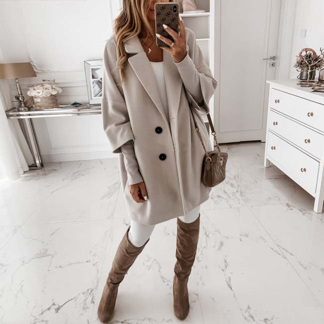 Three-Quarter Sleeve Turn Down Collar Overcoat Elegent  Women Long  Coat