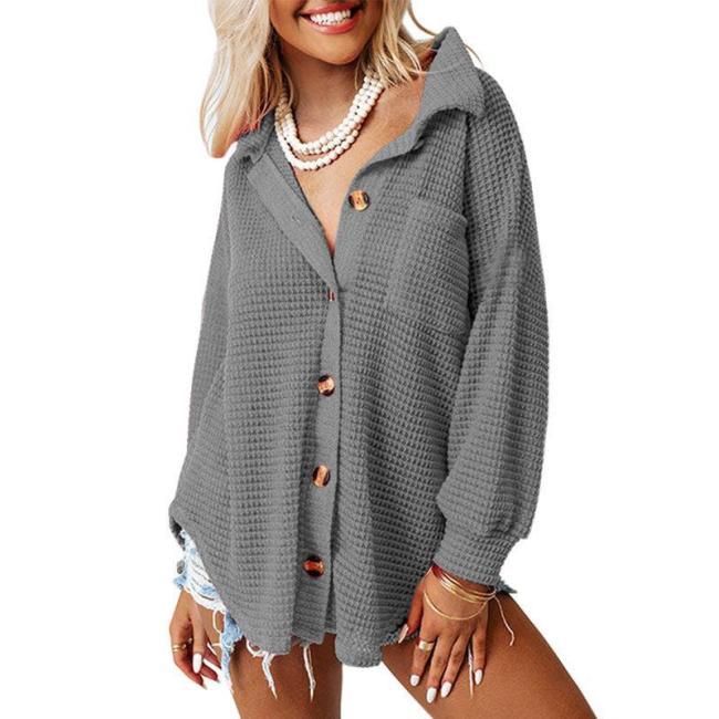 Women's Cardigan Sweater Casual Solid Color Long Sleeve Single Breasted Waffle Cardigan Sweater
