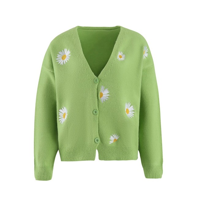 Women's Sweater Embroidered Floral Pattern Single Breasted Knit Cardigan Sweater