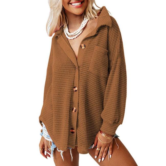 Women's Cardigan Sweater Casual Solid Color Long Sleeve Single Breasted Waffle Cardigan Sweater