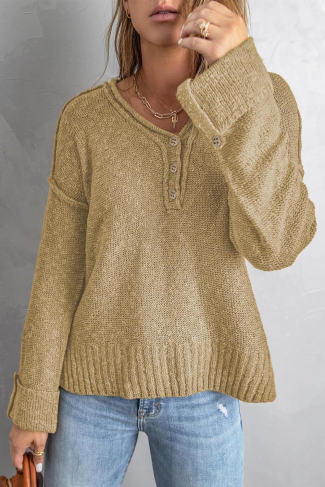 Women's Sweater Top Button Loose Knit Drop-Shoulder Sweater