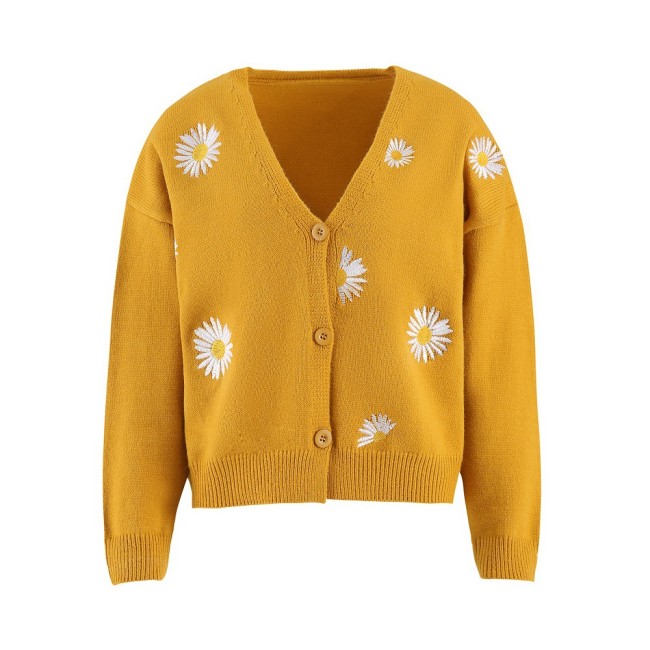 Women's Sweater Embroidered Floral Pattern Single Breasted Knit Cardigan Sweater