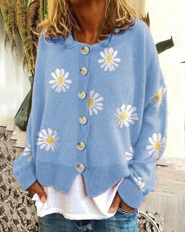 Women's Sweater Floral Pattern Single Breasted Knit Cardigan Sweater